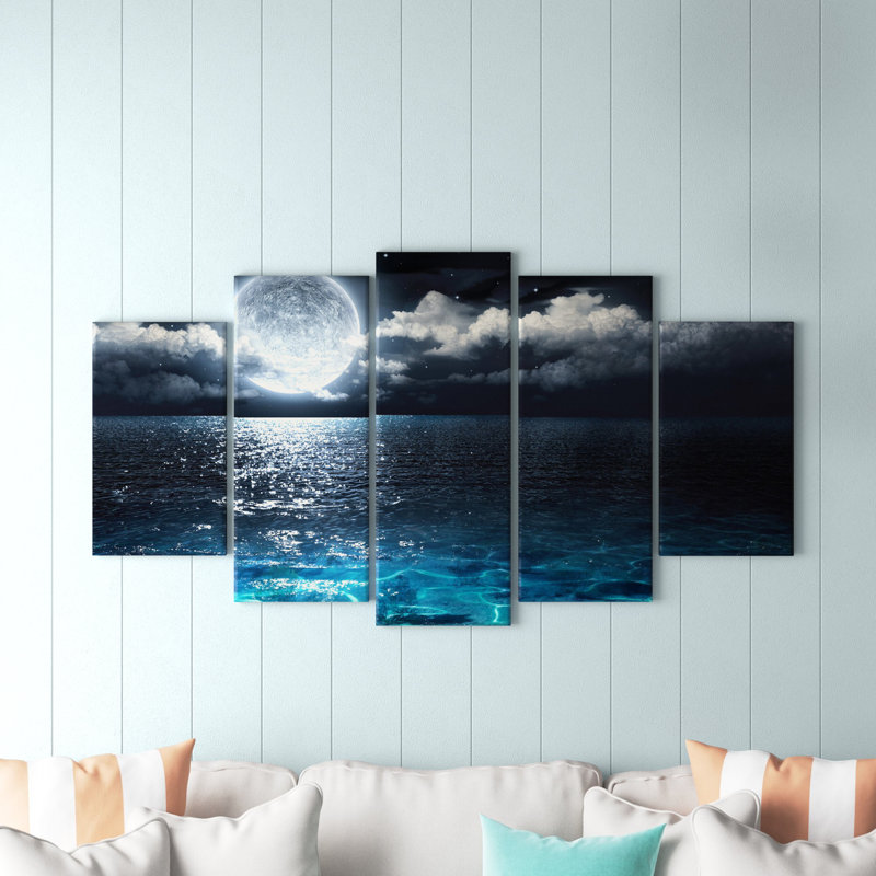 Romantic Full Moon Over Sea - 5 Piece Wrapped Canvas Print