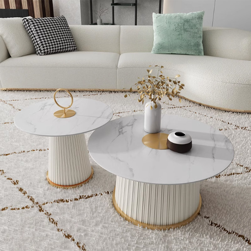 Luxurious Gold-Trimmed Pleated Marble Round Coffee Table, 19.6" H x 23.6" W x 23.6" D