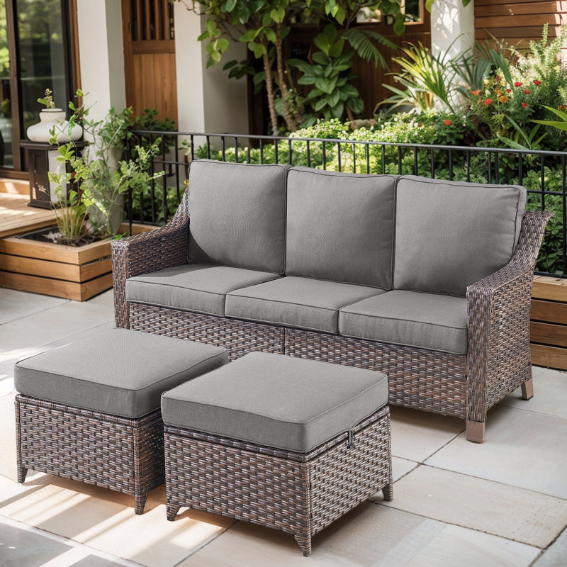 Tya Outdoor Wicker Rattan Patio Sofa With Cushions And Ottomans, Gray