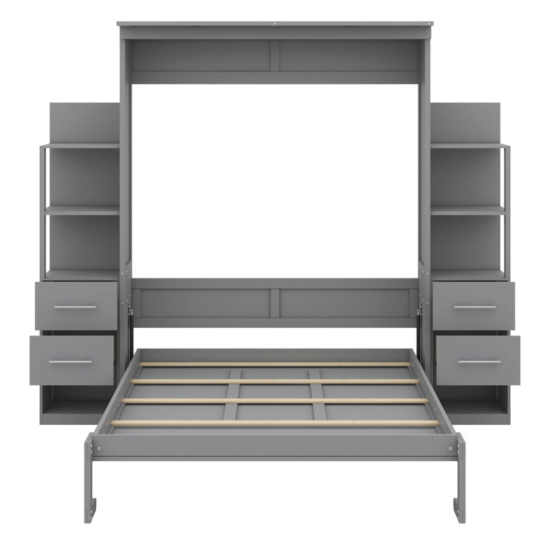 Lit escamotable mural multifonctionnel avec tablettes, tiroirs et éclairage DEL, Gris