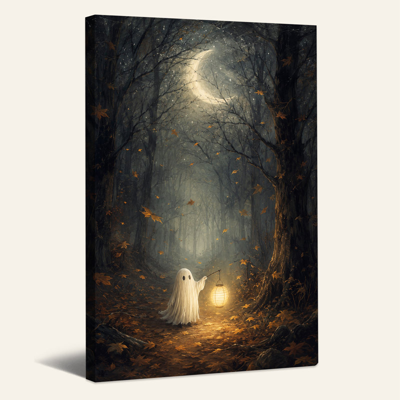 Toile blanche avec fantôme blanc tenant une lanterne dans une forêt brumeuse sous Halloween, H 18 po x l 12 po
