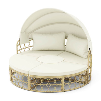 Outdoor Patio Round Daybed With Retractable Canopy Soft Cushions For Garden White