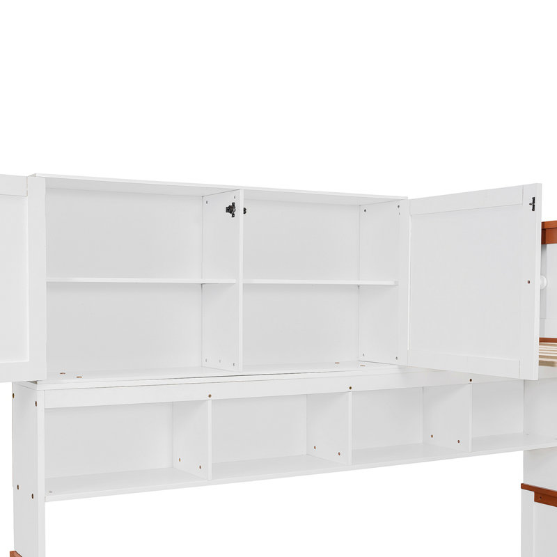 Lit superposé en bois avec bureau, tiroirs, tablettes et armoire, lumière DEL