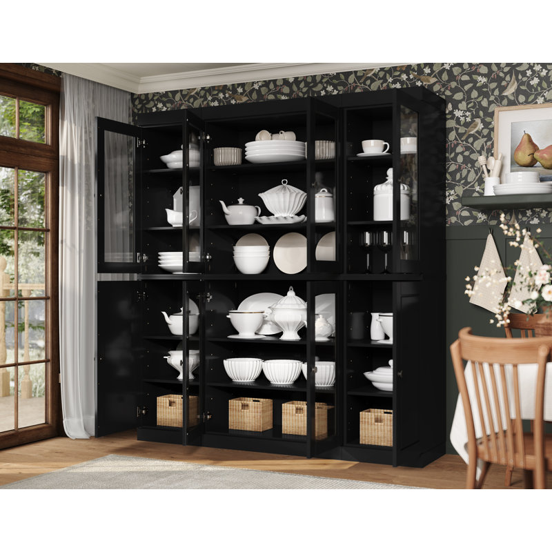 Garde-manger Jango 100% bois massif 65 po avec verre transparent, portes solides et tablettes réglables, Noir