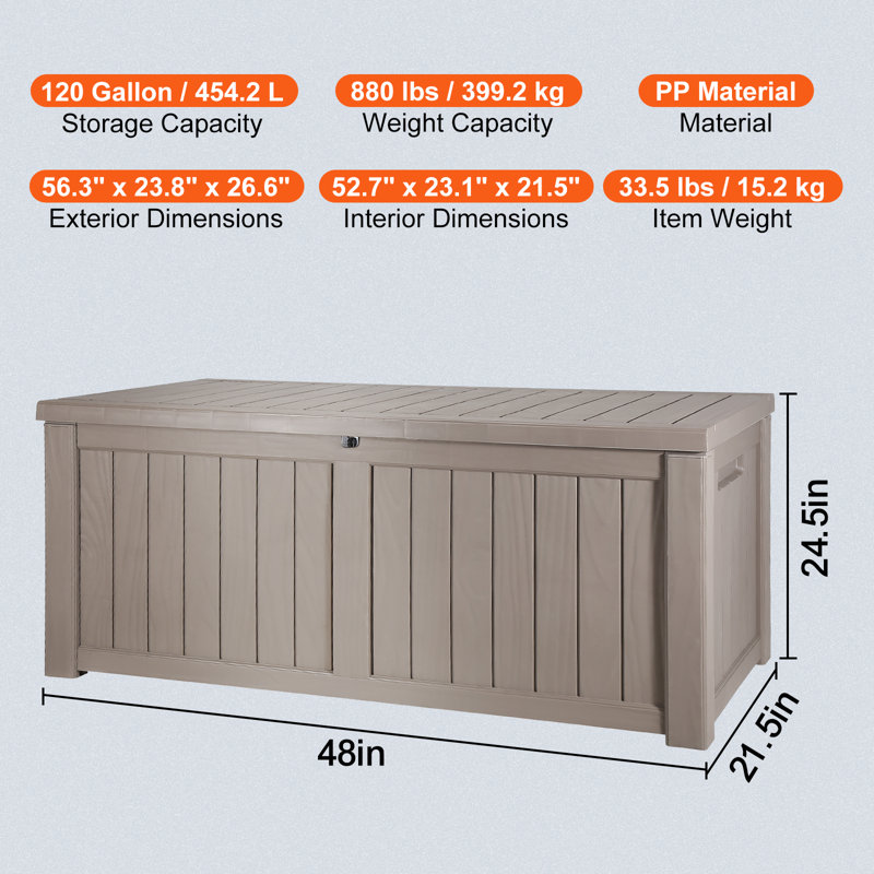 VEVOR 48'' W 120 Gallons Water Resistant Polypropylene Lockable Deck Box in Brown