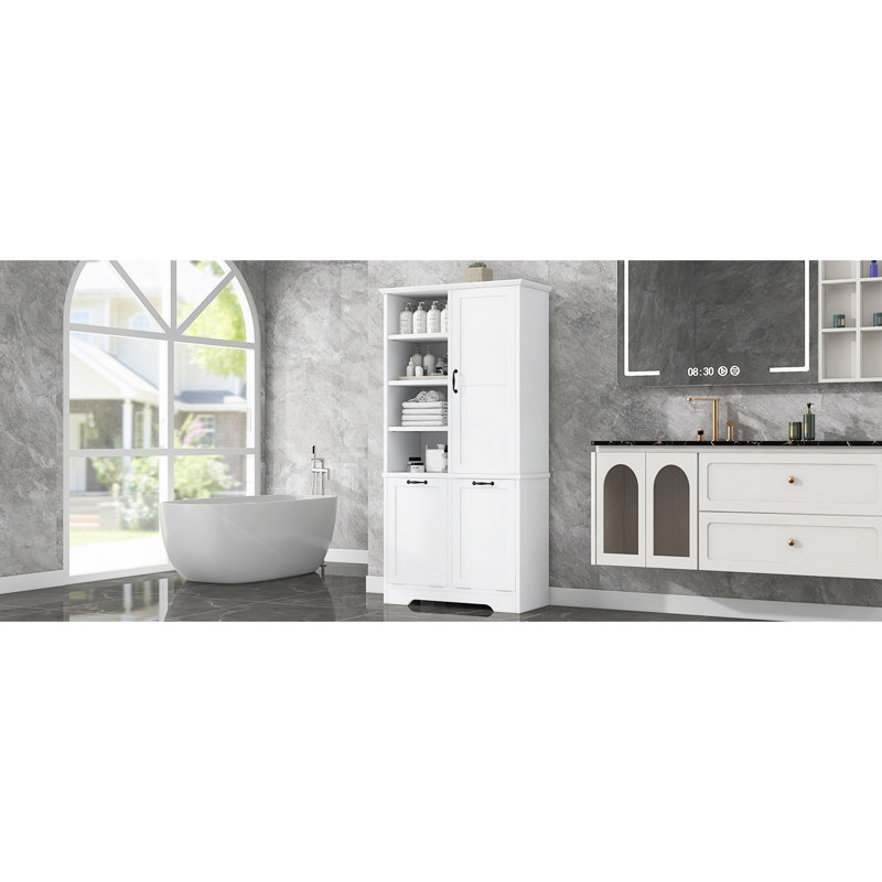 Armoire de rangement pour salle de bain avec portes et tiroirs, panier à linge inclinable, plusieurs espaces de rangement, style autoportant, tablette ouverte, tablette réglable