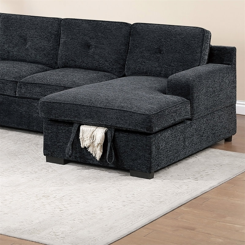 Canapé modulaire rembourré moderne en chenille 4 pièces avec méridienne et rangement, Chenille noir