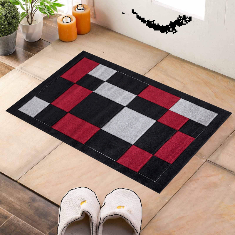 Ceryce Non-Slip Abstract and Geometric Shapes Doormat, Black/Red