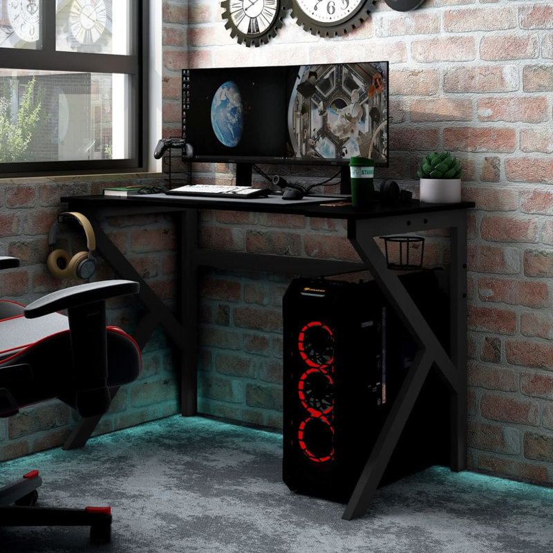 Manzura Gaming Desk with K-Shaped Legs, Ergonomic Computer Desk, Sturdy PC Desk for Gamers, 29.5" H x 35.4" W x 23.6" D