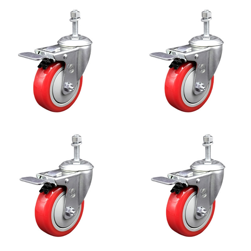 Ensemble de roulettes à tige pivotante en polyuréthane 4 pouces 10 mm avec frein à verrouillage total, Noir
