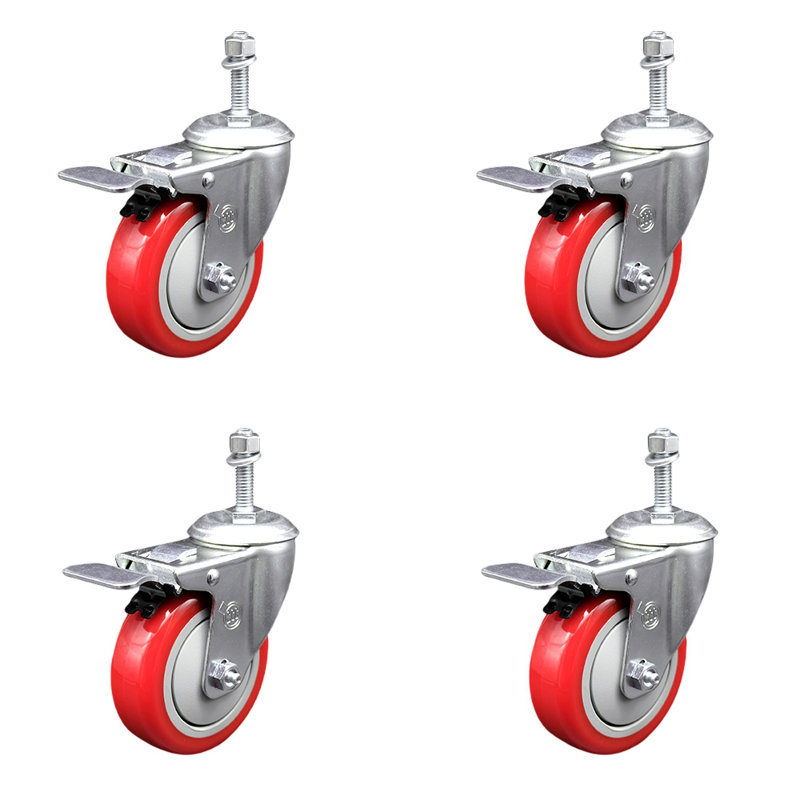 Ensemble de roulettes à tige pivotante en polyuréthane 4 pouces 10 mm avec frein à verrouillage total, Orange