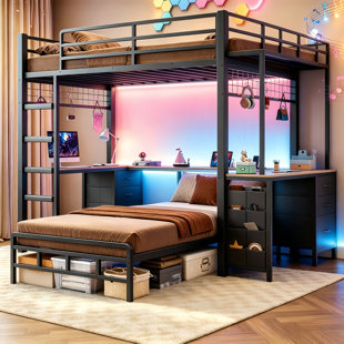 Bunk Bed with U-Shaped Double Desk for two children and Storage