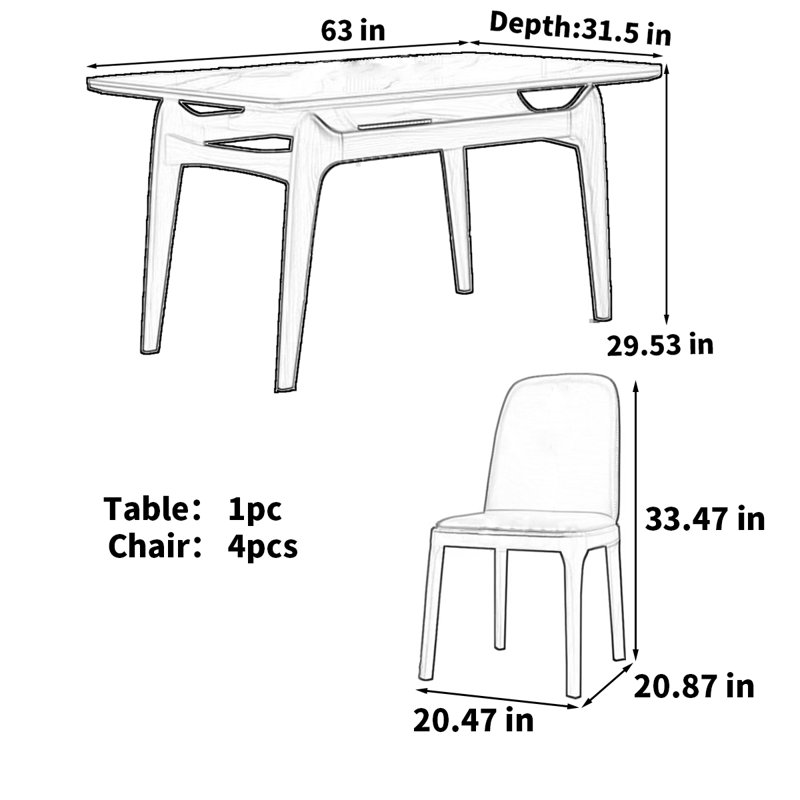 Table de salle à manger rectangulaire de style nordique, H 29,53 po x L 63 po x l 31,5 po
