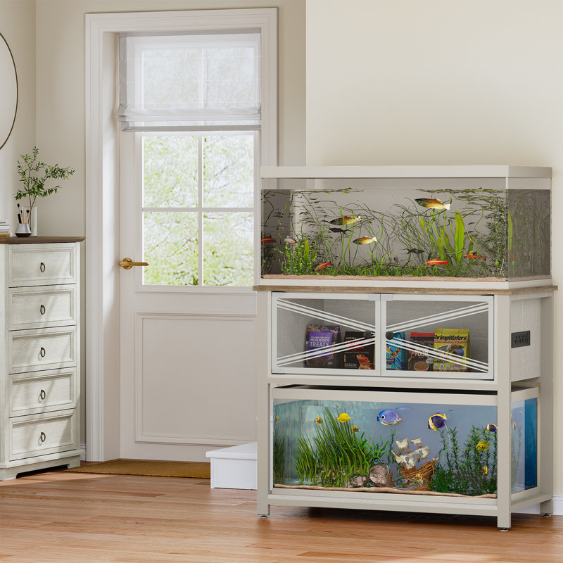 White Heavy Duty Metal Aquarium Stand with Storage Cabinet and LED Light