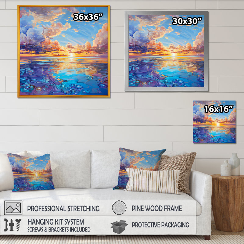Bleu sarcelle, charme des nuages - impression, Cadre simple argenté, H 24 po x l 24 po x P 1 po
