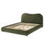 Grand lit tapissier en velours olive, tête de lit courbée, rangement, structure en bois massif de style contemporain, décor de chambre transitionnel