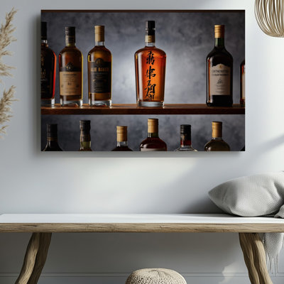 Canvas In A Dimly Lit Bar A Polished Wooden Shelf Displays Wall Art A Curated Collection Of Whiskey And Tequila Bottles With A Canvas Wall Art