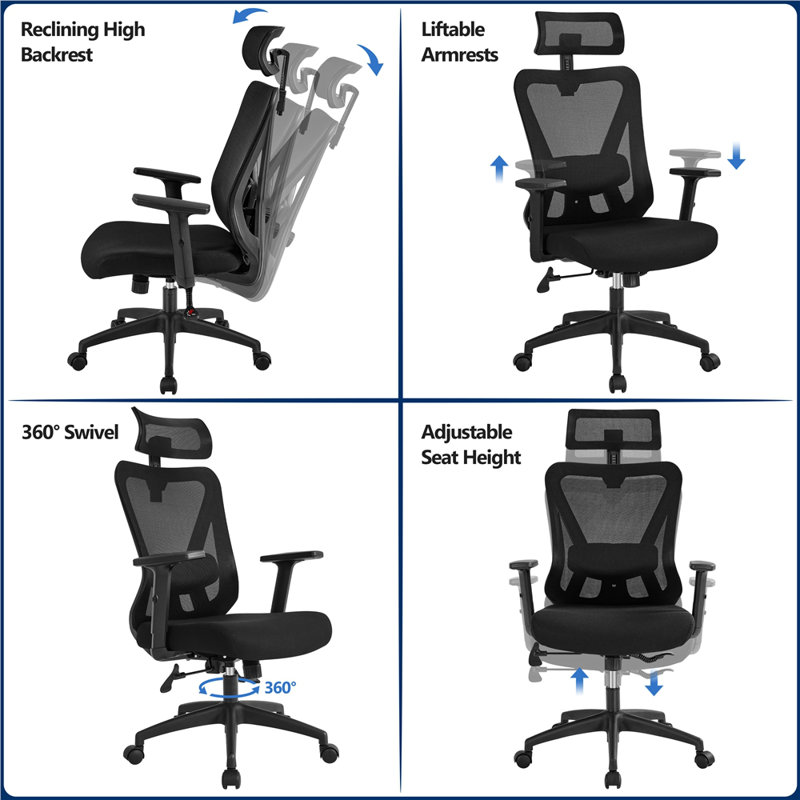 Illman Ergonomic Computer Chair with Multi-adjustable Headrest, Black