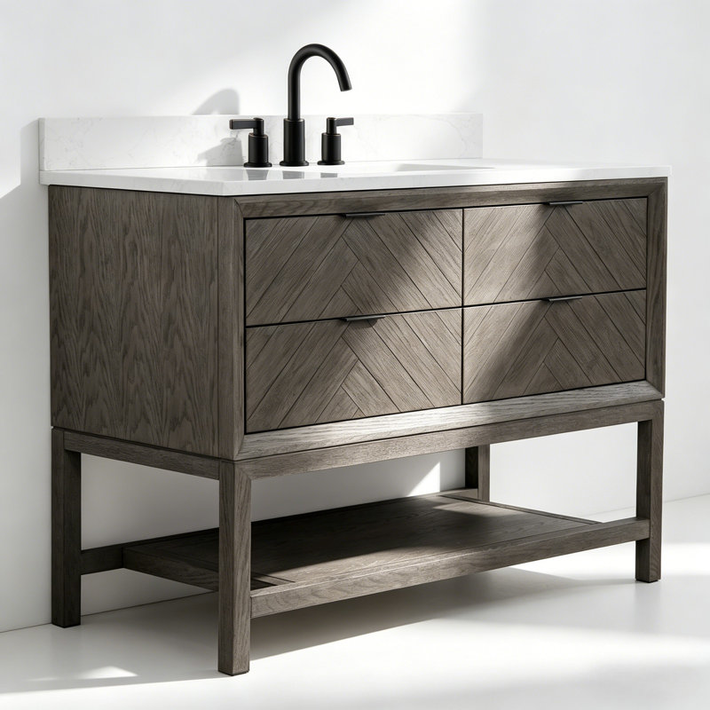  Ensemble de meuble-lavabo autoportant 48 po avec plateau en marbre gris, Chêne gris