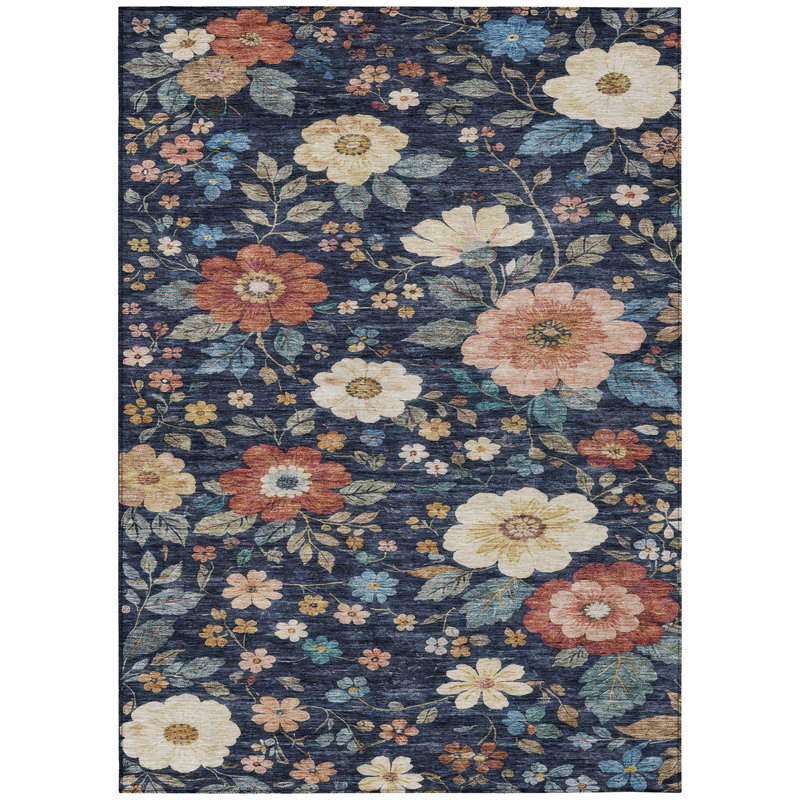 Machine Washable Indoor/Outdoor Chantille ACN2872 Floral Rug, 5' x 7'6", Navy