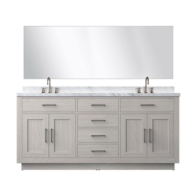 Ensemble de meuble-lavabo double 72 "avec miroir, Chêne blanc, Marbre de Carrare blanc