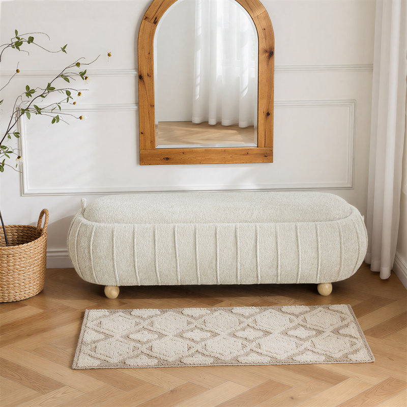 Banc de rangement moderne capitonné de 55 po de largeur avec couvercle rabattable et pieds en bois d'hévéa, Light Camel