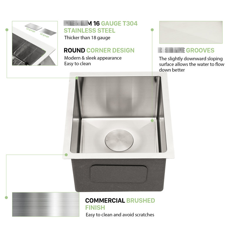 15"X17"X10" Undermount Stainless Steel Sink - 16 Gauge, Single Bowl, 10 Inch Deep, Sus304, Handcrafted Brushed Satin, Soundproof Pads, Condensation, Efficient Drain 15 15"X17"X10", Deep Basin, &