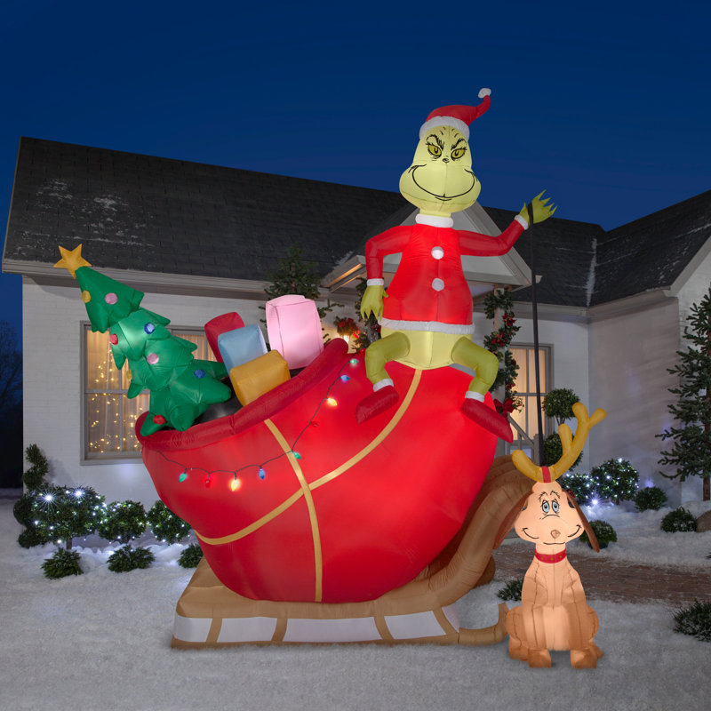 12 pi. Grinch gonflable sur traîneau avec Max