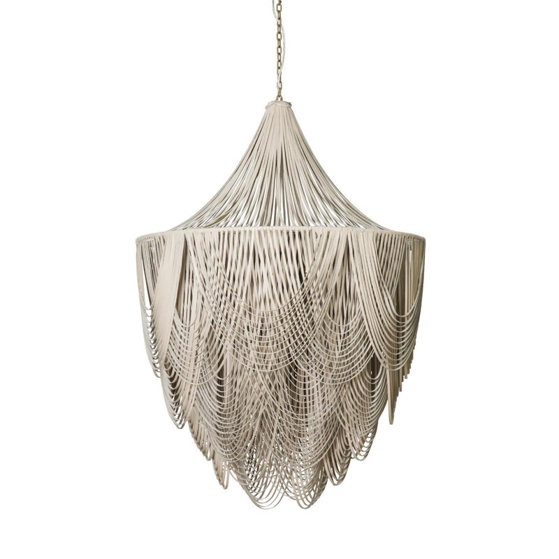 Large Leather Fringe Chandelier w/ Crown, 53" H x 36" W x 36" D, Cream
