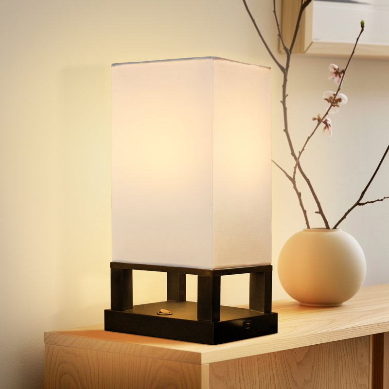 Maxwell 14 in. Mid-Century Modern LED Bedside Table Lamp with Fabric Square Shade (Set of 2), 3000K, Black
