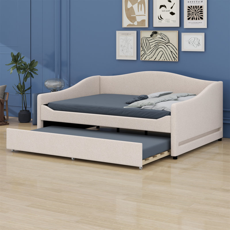 Upholstered Daybed With Light And Trundle, Beige
