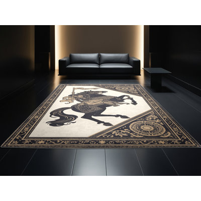 Tapis oriental gris lavable à la machine Oldsmar Warhorse Rider