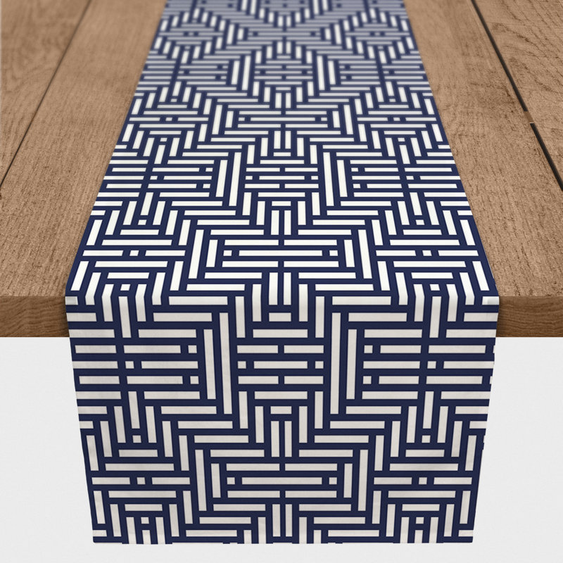 Bromell Rectangle Geometric Polyester Table Runner, 16" D x 90" L, Navy Blue