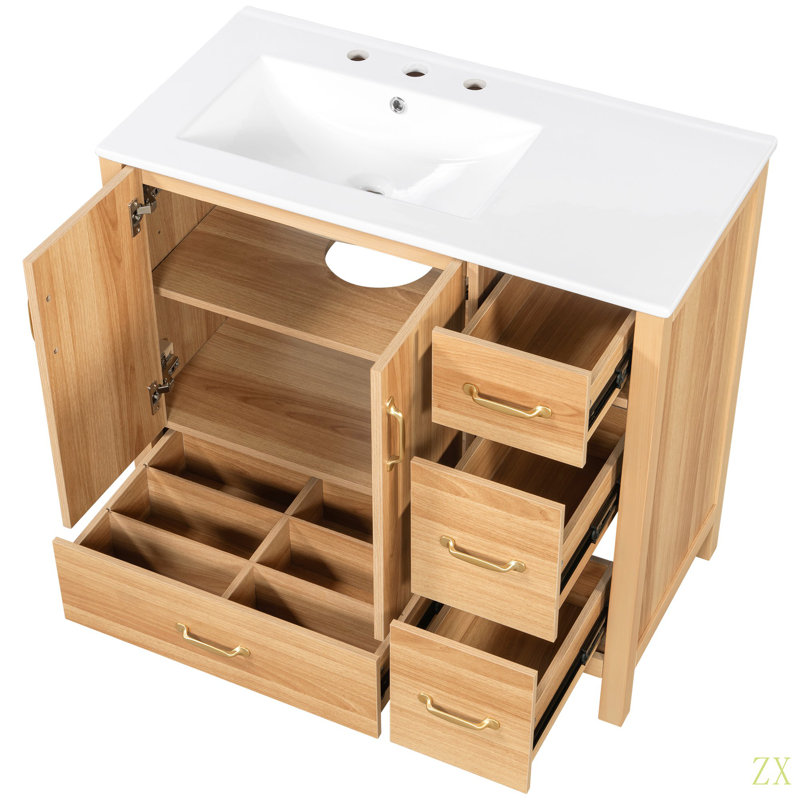 Meuble-lavabo de 36 po en bois avec cadre en bois massif, 2 portes à fermeture douce, 4 tiroirs à fermeture douce, tablette réglable, armoire de rangement moderne