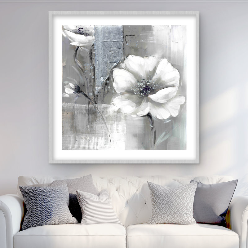 Fleurs monochromes et argentées - reproduction mat moderne encadrée, H 36 po x l 36 po
