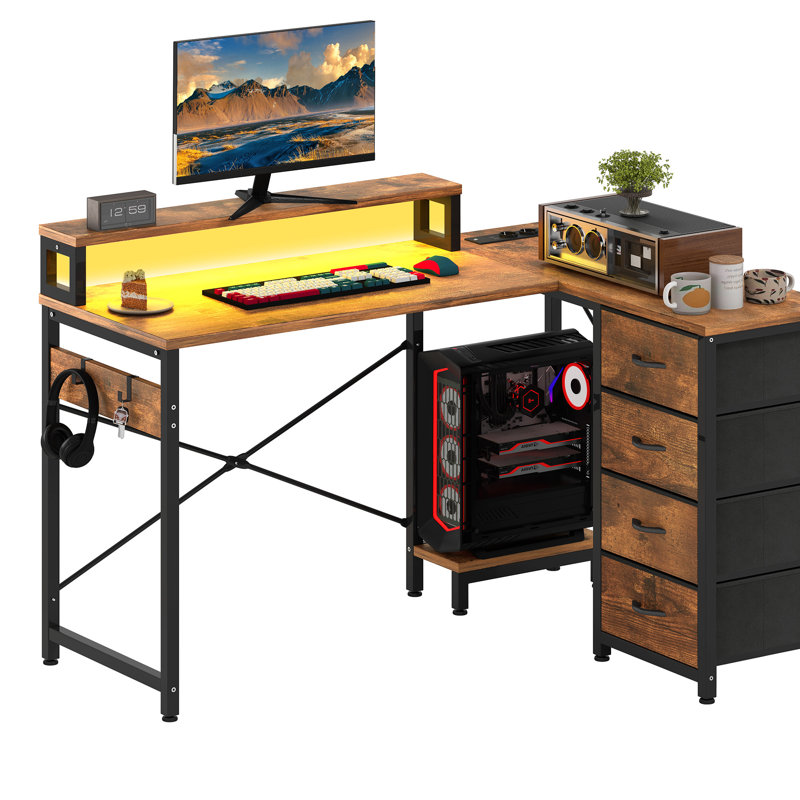 L-Shaped Metal Base Computer Desk with Power Outlet, Brown/Black 