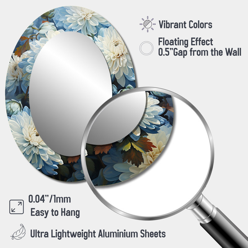 Shamim «Blue and White Mums Flowers Elegance II», grand miroir mural traditionnel, impression sur métal, 40 po x 30 po, Ovale