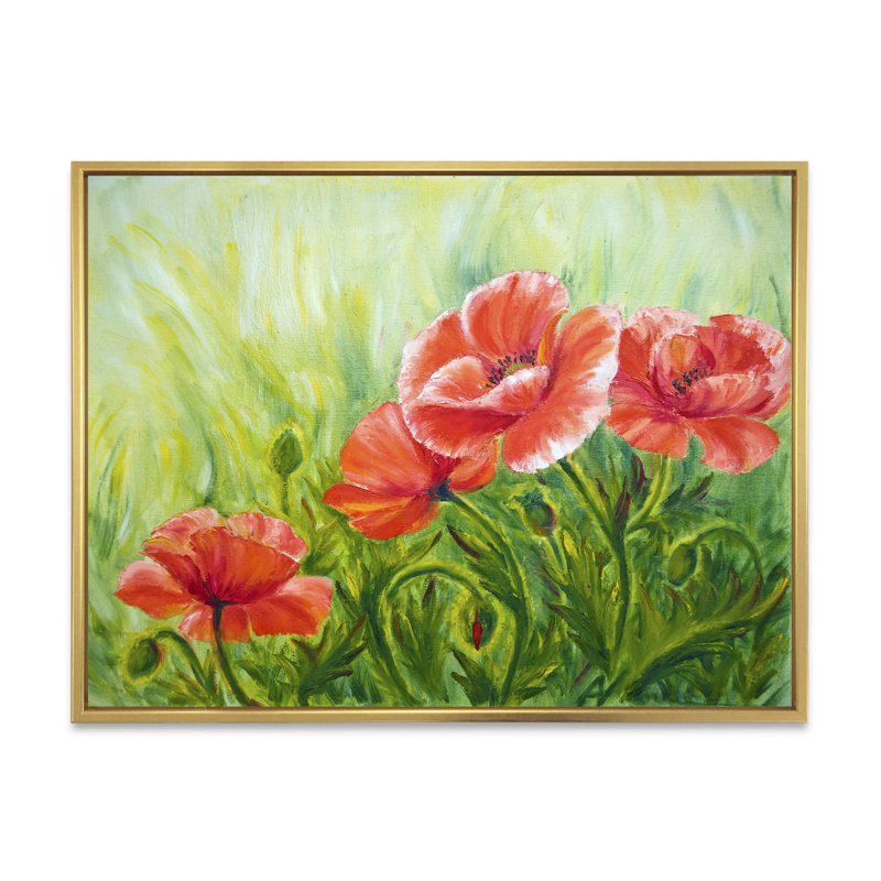 «Red Blossoming Poppies III», peinture sur toile, Toile encadrée dorée, H 30 po x l 40 po x p 1 po