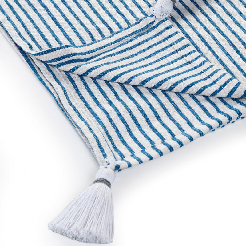  Jeté rayé 100% coton avec pampilles, Bleu rayé 1