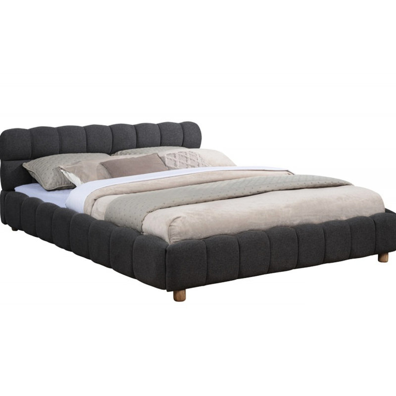 Lit plateforme tapissier en tissu gris pour grand lit, style moderne, profil bas, motif quadrillé, matériaux naturels, structure à profil requis en gris, avec revêtement en grille, fait de jute