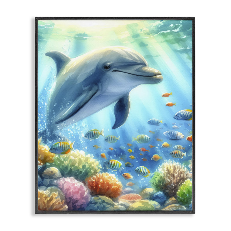  Majestic Dolphin Underwater Giclee Art by LSR Design Studio, H 14 po x l 11 po, Giclée encadrée noir minuit