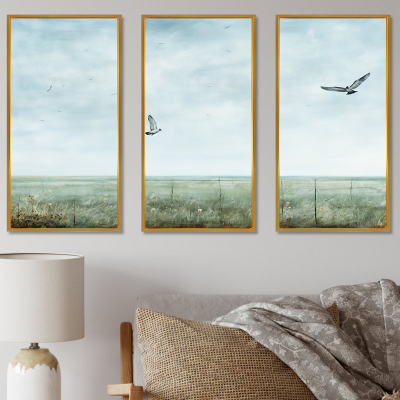 Minimalisme, mouettes, vol - art mural minimaliste côtier, Cadre flottant doré, H 40 po x l 60 po x P 1 po