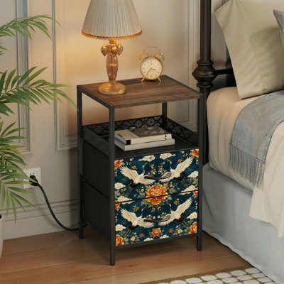 Table de chevet 2 tiroirs avec station de charge, table de chevet pour chambre avec ports USB et amp; Table de chevet noire Outlets avec tablette grise blanche et or