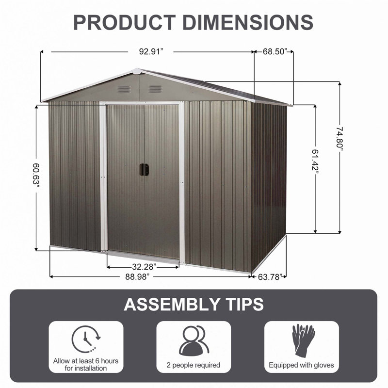 Remise de rangement extérieure en métal 8 pi x 6 pi avec base en métal, Gris