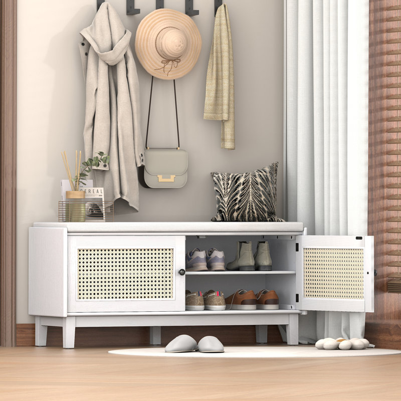 TREXM Boho Rattan Entryway Bench With Storage, Cushioned Shoe Bench With Double Doors, Wooden Shoe Organizer Bench For Entryway And Hallway (White+Beige )