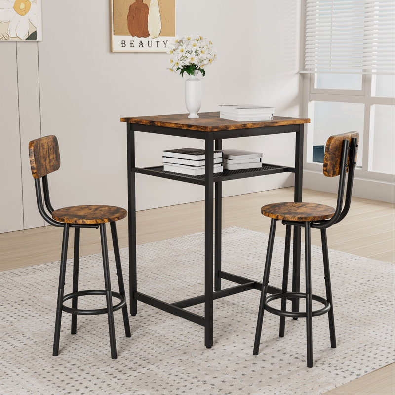 Table de bar, équipée de 2 tabourets de bar, avec dossier et cloison (brun rustique), 36.3" H x 23.7" W x 23.7" D, Noir