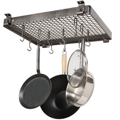Handcrafted 24" Flush Mounted Ceiling Rack W 12 Hooks Hammered Steel