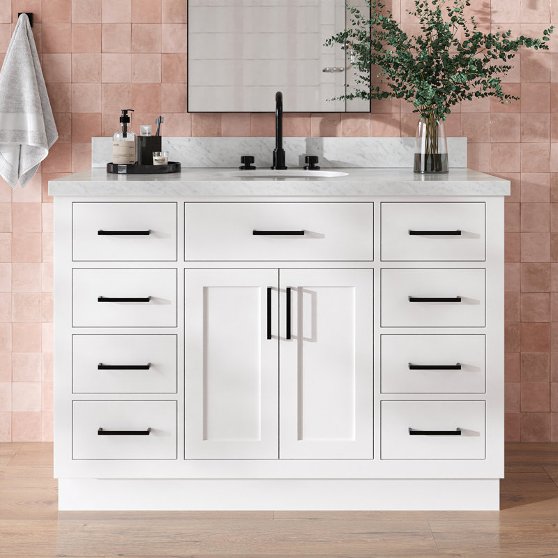 Meuble-lavabo simple en bois massif 48 po avec lavabo en marbre de Carrare 1,5 po Tidworth, Ovale, Blanc