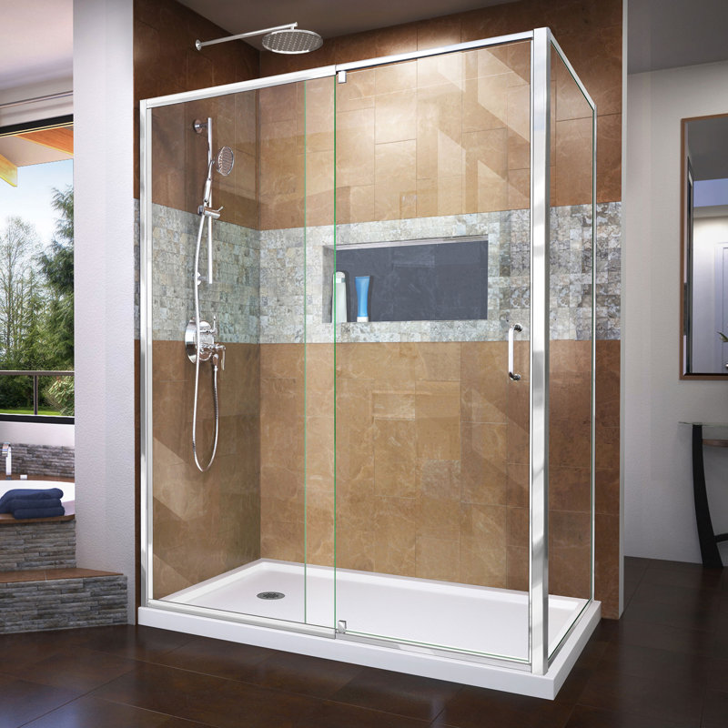 Flex 60" W x 36'' D x 74.75" H Semi-Frameless Rectangle Shower Enclosure with Base Included, Chrome/White, Left
