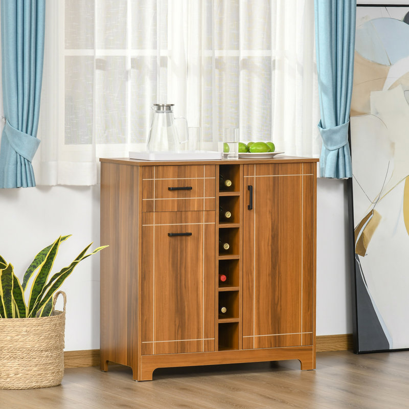 Armoire à vin 6 bouteilles - Buffet avec 1 tiroir, tiroir à finition brune et porte-verre